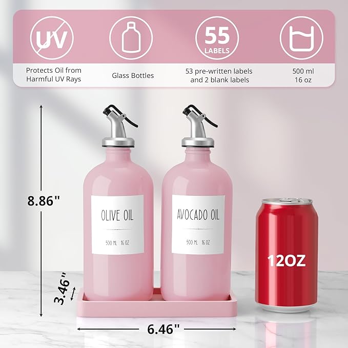 Olive Oil Dispenser Bottle for Kitchen, 16oz Glass Oil and Vinegar Dispenser Set with Wood Tray & 54 Labels - Coffee Syrup Dispenser - Pink Kitchen Decor and Accessories - Set of 2 - Image 2