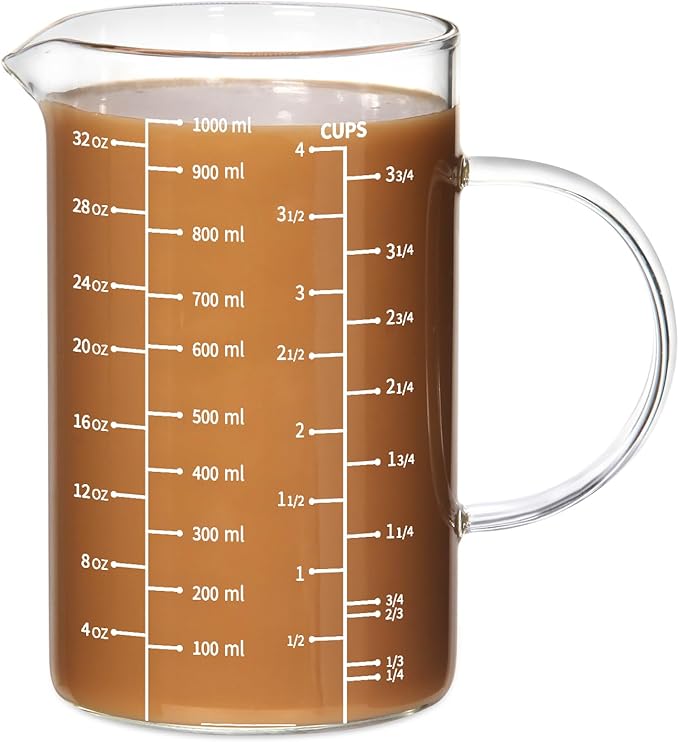 77L Glass Measuring Cup, [Insulated handle, V-Shaped Spout], High Borosilicate Glass Measuring Cup for Kitchen or Restaurant, Easy To Read, 1000 ML (1 Liter, 4 Cup) by 77L