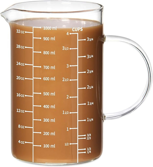 77L Glass Measuring Cup, [Insulated handle, V-Shaped Spout], High Borosilicate Glass Measuring Cup for Kitchen or Restaurant, Easy To Read, 1000 ML (1 Liter, 4 Cup) by 77L