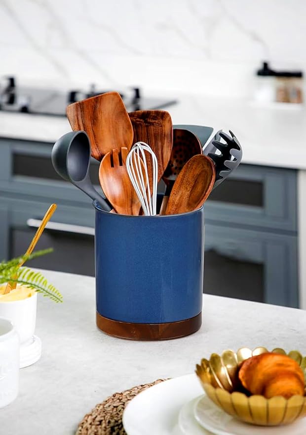 Nucookery 360°Rotating Utensil Holder, 7.2" Large Utensil Crock, White Ceramic Cooking Utensil Organizer,Farmhouse Kitchen Decor Christmas Thanksgiving Gift (Royal blue) - Image 6