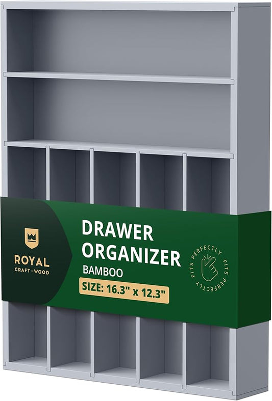 ROYAL CRAFT WOOD Luxury Bamboo Kitchen Drawer Organizer - Silverware Organizer - Utensil Holder and Cutlery Tray with Grooved Drawer Dividers for Flatware and Kitchen Utensils (7 Slot, Gray) by RoyalCraftWood