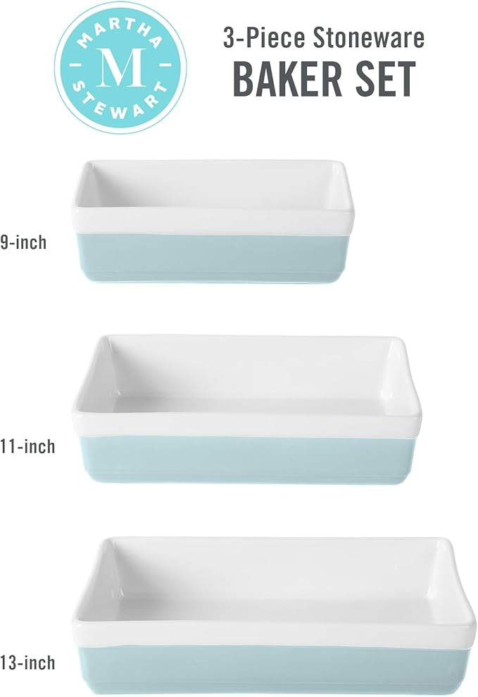 MARTHA STEWART 3-Piece Oven to Table Stoneware Bakeware Set – Baking Dish & Casserole Set – Dusty Blue – Durable Oven-Safe Bakeware for Baking and Serving - Image 3