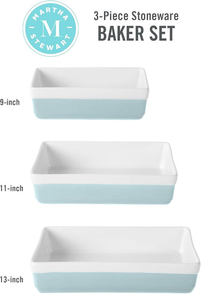 MARTHA STEWART 3-Piece Oven to Table Stoneware Bakeware Set – Baking Dish & Casserole Set – Dusty Blue – Durable Oven-Safe Bakeware for Baking and Serving - Image 3
