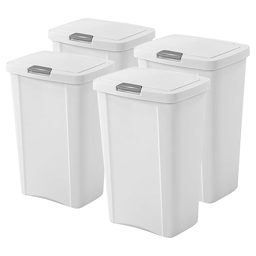 Sterilite 13 Gallon TouchTop Wastebasket Trash Can Garbage Recycle Bin with Titanium Latch for Kitchen, Garage, Basement, or Office, White (4 Pack)