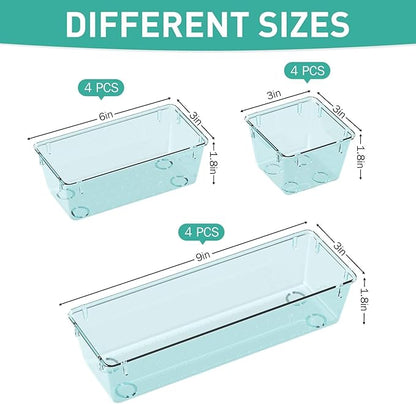 WOWBOX 12 Pack Clear Drawer Organizer Set, Acrylic Drawer Storage Trays, Storage Bins for Makeup, Cosmetics, Jewelries, Utensils, Gadgets, Office, Sea Blue - Image 2