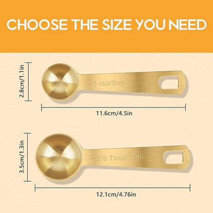 2 PCS 2 Teaspoon(10 mL, 2tsp, 2/3tbsp) Stainless Steel Single Measuring Spoon, Easy to Use and Easy to Wash Metal Measuring Scoop Kitchen Gadgets for Cooking & Baking(Gold)
