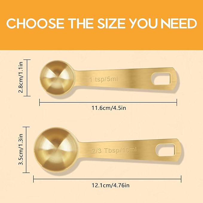 2 PCS 1 Teaspoon(5 mL, 1tsp, 1/3tbsp) Stainless Steel Single Measuring Spoon, Easy to Use and Easy to Wash Metal Measuring Scoop Kitchen Gadgets for Cooking & Baking(Gold)