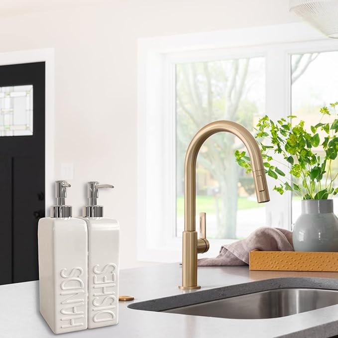 Soap Dispenser Set with Stainless Steel Pump, 2 Pack Ceramic Refillable Dish Soap and Hand Soap Dispenser for Kitchen, Bathroom, Matte White - Image 3