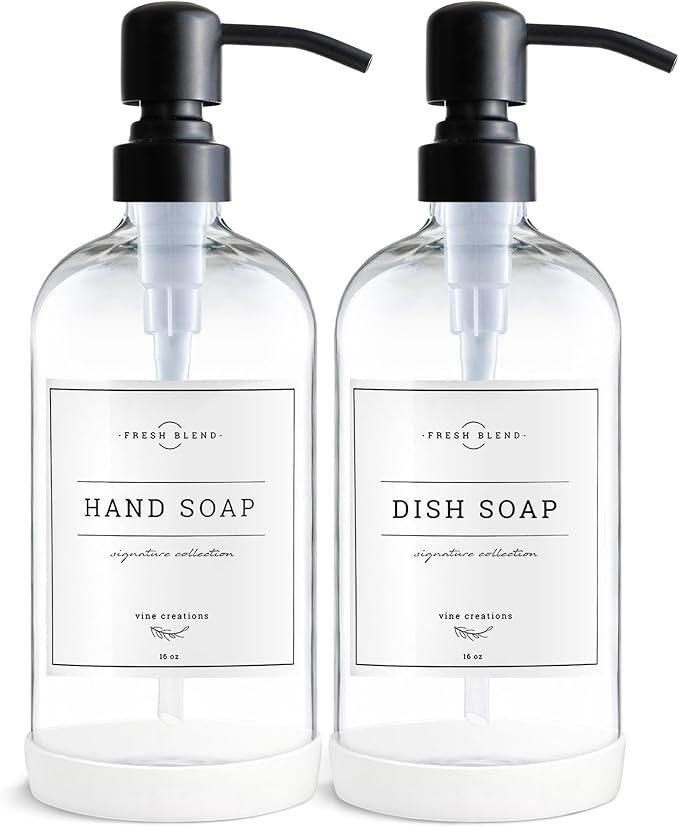 Vine Creations Clear Glass Soap Dispenser, 2 Pack Kitchen Soap Dispenser Set with Stainless Steel Pump, 16 oz Dish Soap and Hand Soap Dispensers for Bathroom with Waterproof Labels by VineCreations