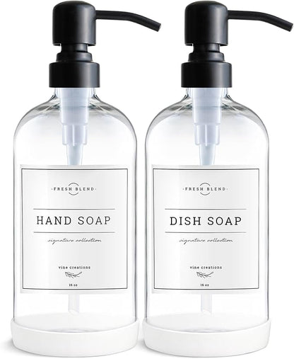 Vine Creations Clear Glass Soap Dispenser, 2 Pack Kitchen Soap Dispenser Set with Stainless Steel Pump, 16 oz Dish Soap and Hand Soap Dispensers for Bathroom with Waterproof Labels by VineCreations