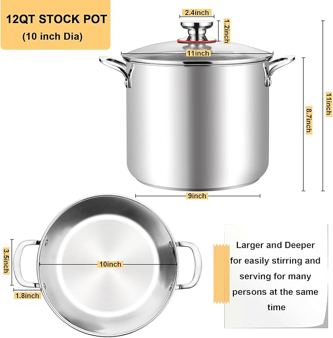 TeamFar 12 Quart Stock Pot, 18/10 Stainless Steel Large Cooking Soup Pot with Lid for Simmering/Stewing, for Induction/Gas/Ceramic, Healthy & Heavy-Duty, Riveted Handles & Dishwasher Safe - Image 2