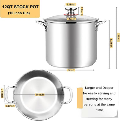 TeamFar 12 Quart Stock Pot, 18/10 Stainless Steel Large Cooking Soup Pot with Lid for Simmering/Stewing, for Induction/Gas/Ceramic, Healthy & Heavy-Duty, Riveted Handles & Dishwasher Safe - Image 2