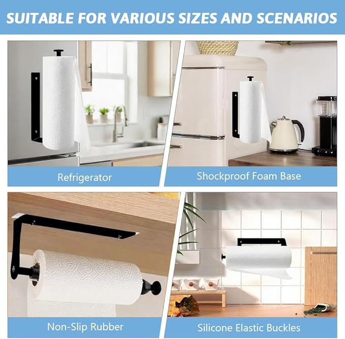 Magnetic Paper Towel Holder with Adjustable Damping - One Hand Tear, No Drill Adhesive Mount, Strong Magnet for Kitchen, Fridge, RV, Garage, Grill (Color:Black)