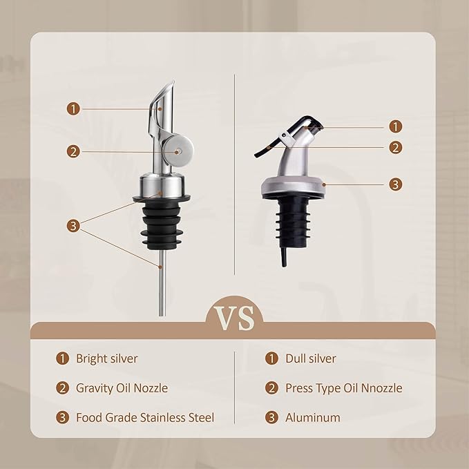 Glass Olive Oil Dispenser Bottle Small, 6.5 Oz/ 200 ml Coffee Simple Syrup Bottles with Silver Metal Pour Spout, Funnel, Measuring Cup, Oil and Vinegar Bottle for Kitchen (2 Pack) - Image 4