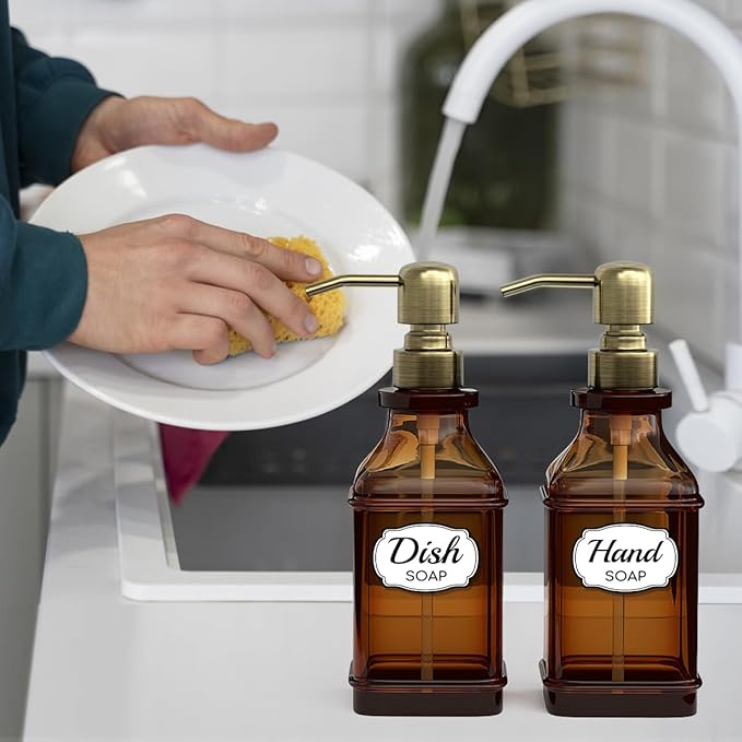 LMQML Soap Dispenser - 2 Pack, Antique Design Thick Amber Glass Hand Soap Dispensers with Sturdy Tray; 304 Rust Proof Stainless Steel Black Pump, 12Pcs Stickers, for Kitchen, Bathroom - Brushed Gold - Image 8