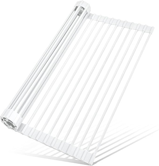 MERRYBOX Roll Up Dish Drying Rack Silicone Wrapped Over The Sink Dish Rack Foldable Dish Drainer Anti-Slip Dish Racks for Kitchen Counter, Multipurpose Kitchen Sink Drying Rack, 20.5" x 13", White by MERRYBOX