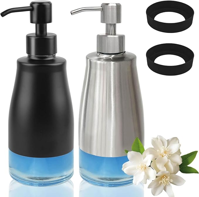 AUMIO Soap Dispenser with Non-Slip Silicone Pad, 2 Pack Kitchen Dish Refillable Liquid Dispensers, Hand Soap Dispenser for Bathroom, Stainless Steel Case Glass Liner Hand Pump Dispenser Silver & Black by AUMIO