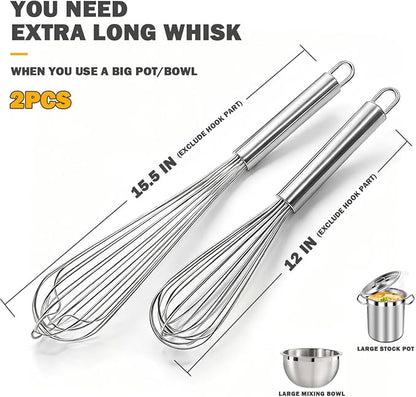 18/10 Stainless Steel Large Whisk Set of 2, 15.5 inch Heavy Duty Long Whisk and 12 inch Whisks, Suitable for Deep Pots or Big Bowl, Mixing, Beating, Blending - Image 3