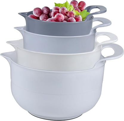Mixing Bowls - 4 Piece Nesting Plastic Mixing Bowl Set with Pour Spouts and Handles - Non Slip Bottom and Measurement Markings (Light Gray) by Cheeren
