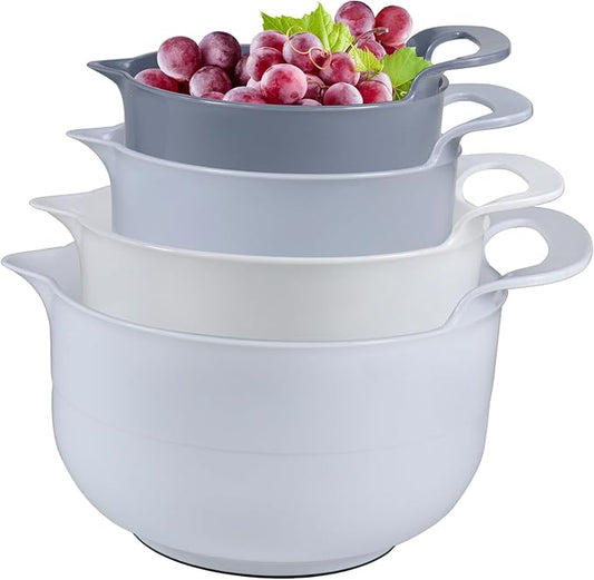 Mixing Bowls - 4 Piece Nesting Plastic Mixing Bowl Set with Pour Spouts and Handles - Non Slip Bottom and Measurement Markings (Light Gray) by Cheeren