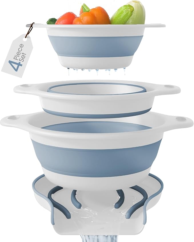 Gevoli Collapsible Colanders (3 Pack Set) Food Strainers with Over-Sink Water Draining Base for Pasta Fruits and Vegetables, White/Blue (3 Sizes, 3QT, 4QT and 5 Quart) - Image 8