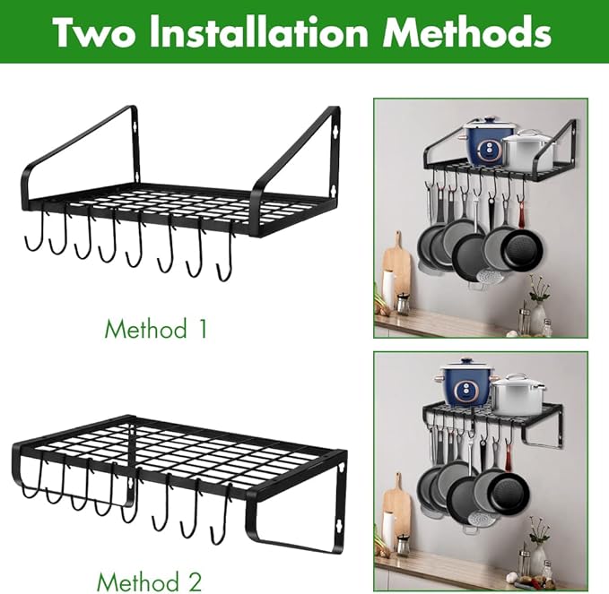 Felibeaco Hanging Pots & Pans Rack,Wall Mounted Pots Pans Organizer Holder Rack with 8 Hooks, Kitchen Wall Storage Organizer Hanger Shelves for Pans Set, Utensils, Cookware, Books, Household,Black - Image 3