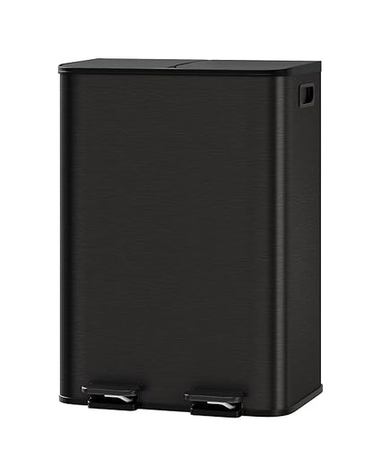 GarveeHome 2 x 8 gal Stainless Steel Double Trash Can with Lid for Kitchen, Large Dual Trash and Recycle Bin Combo, Step-on Kitchen Metal Garbage Cans, PP Inner Buckets, Liner Rim, Matte Black by GarveeHome