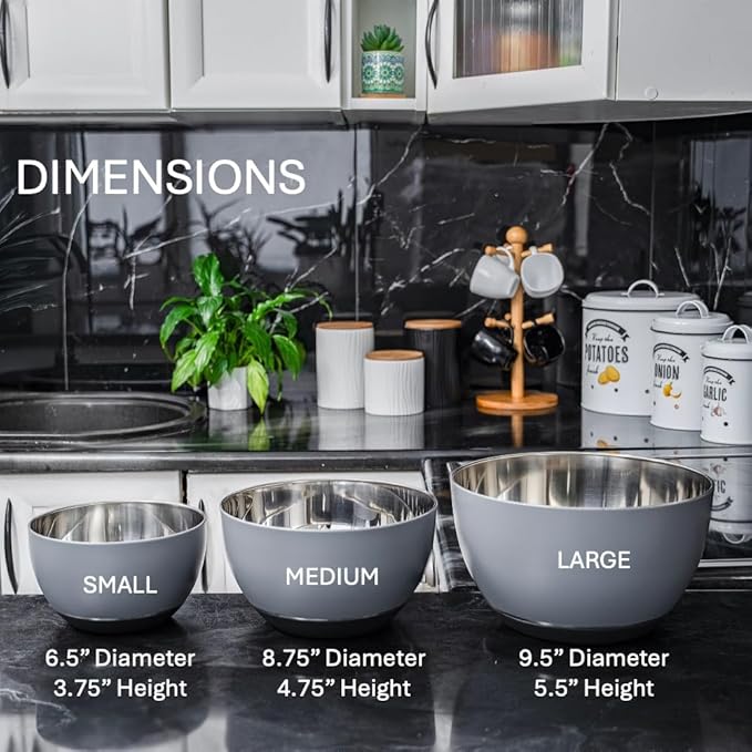 WHYSKO® Stainless Steel Mixing Bowls (Set of 3) with Non-Slip Silicone Base for Kitchen, Dishwasher Safe Bowls for Meal Prep, Cooking, Baking, Serving, Food Storage (Grey) - Image 8