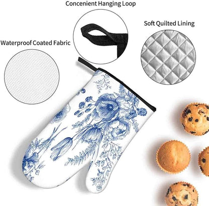 LOKMU Oven Mitts and Pot Holders Set of 3, White Blue Floral Vintage Flowers Heat Resistant Kitchen Gloves Hot Pads for Cooking Baking BBQ, Kitchen Decor Gifts for Cooking Lover Cooks