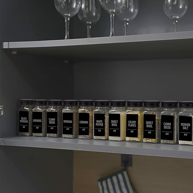 Churboro 48 Spice Jars with 547 Labels- Glass Spice Jars with Black Metal Caps, 4oz Empty Spice Containers with Shaker Lids, Funnel, Chalk Pen, Square Seasoning Bottles for Spice Rack, Drawer, Cabinet - Image 6