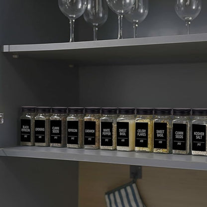 Churboro 48 Spice Jars with 547 Labels- Glass Spice Jars with Black Metal Caps, 4oz Empty Spice Containers with Shaker Lids, Funnel, Chalk Pen, Square Seasoning Bottles for Spice Rack, Drawer, Cabinet - Image 6