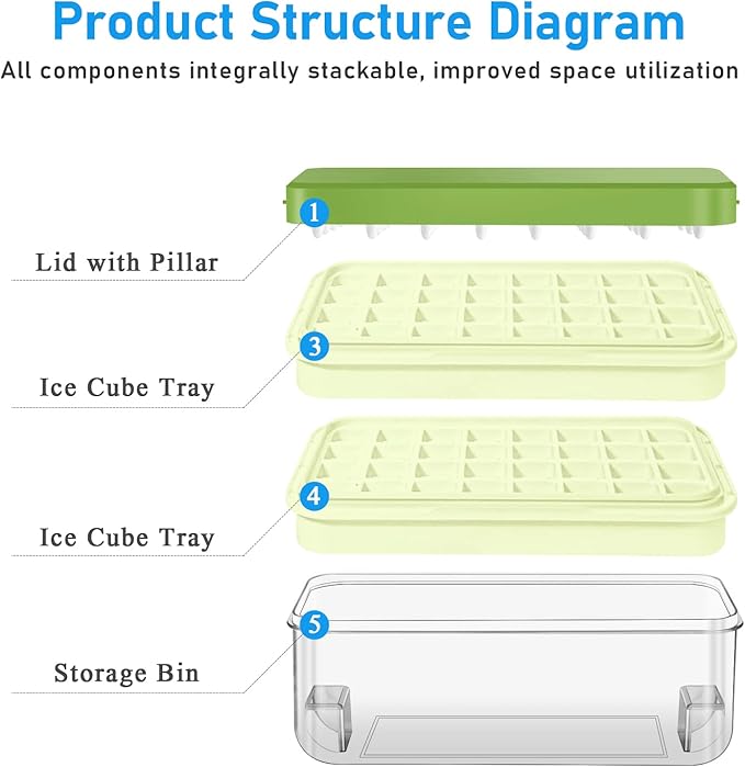 Ice Cube Tray with Lid and Bin, 64 pcs Ice Tray Kit with Ice Scoop, Ice Cube Pop Out Tray, Ice Cube Trays for Freezer, Ice Cube Molds, BPA Free, Easy Release Stackble Spill-Resistant ZZWILLB (Green)