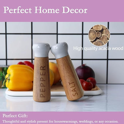 Tessie & Jessie Wooden Salt and Pepper Grinder Set, Premium Acacia Wood, 8" Elegant Refillable Salt Pepper Mill, Salt & Pepper Shakers for Seasoning, Stylish Gift Set (8"+8", Gray)