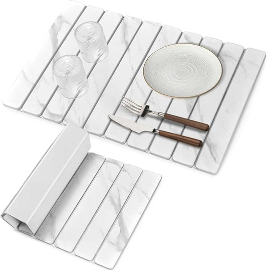 Stone Dish Drying Mats for Kitchen Counter, 24"(L)×16"(W) Marble-Pattern, Collapsible Quick Drying Dish Mats, Ultra Absorbent Diatomaceous Earth Mats for Dishes , Match Any Countertop by Sangukiro