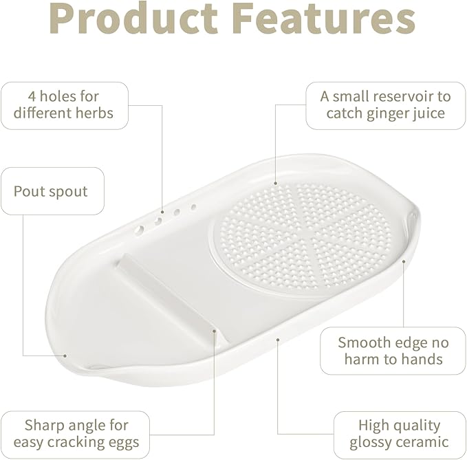 WhiteRhino 4 in 1 Ceramic Garlic Grater with Egg Cracker,Spoon Rest and Herb Stripper, Ginger Grater Plate for Grinding Wasabi Fruits Vegetables Ginger Garlic Cheese(6.76inx3.7in) - Image 5