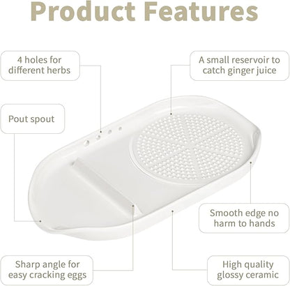 WhiteRhino 4 in 1 Ceramic Garlic Grater with Egg Cracker,Spoon Rest and Herb Stripper, Ginger Grater Plate for Grinding Wasabi Fruits Vegetables Ginger Garlic Cheese(6.76inx3.7in) - Image 5