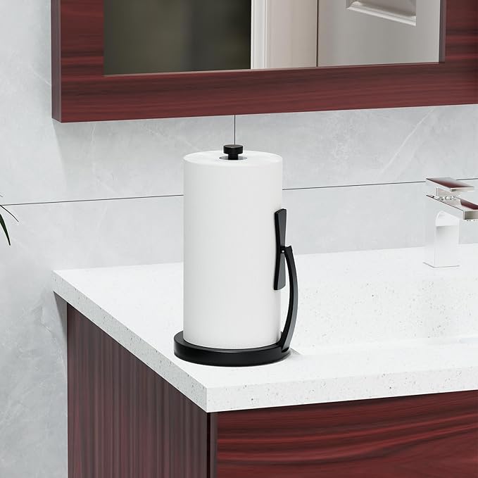 VEHHE Paper Towel Holder Countertop, One-Handed Tear, Stainless Steel, Stand Paper Towel Holder with Spring Activated Arm & Non Slip Weighted Base, for Kitchen Bathroom (Black) - Image 6