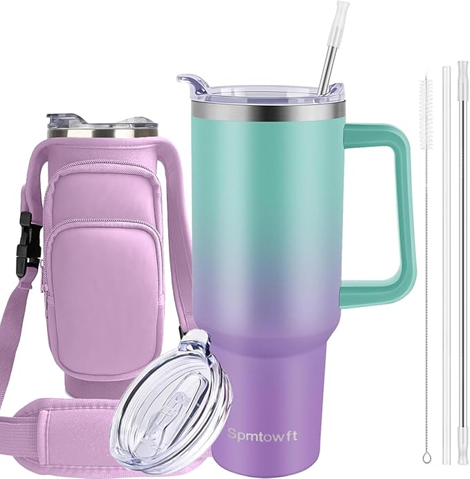 40oz Stainless Steel Double Vacuum Tumbler with Handle, Straw Lid, Carrier Bag, Purse Pouch Phone Pocket, Gym Water Bottle Travel Mug and Sleeve Holder for Men Women (Green Purple)