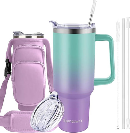 40oz Stainless Steel Double Vacuum Tumbler with Handle, Straw Lid, Carrier Bag, Purse Pouch Phone Pocket, Gym Water Bottle Travel Mug and Sleeve Holder for Men Women (Green Purple)