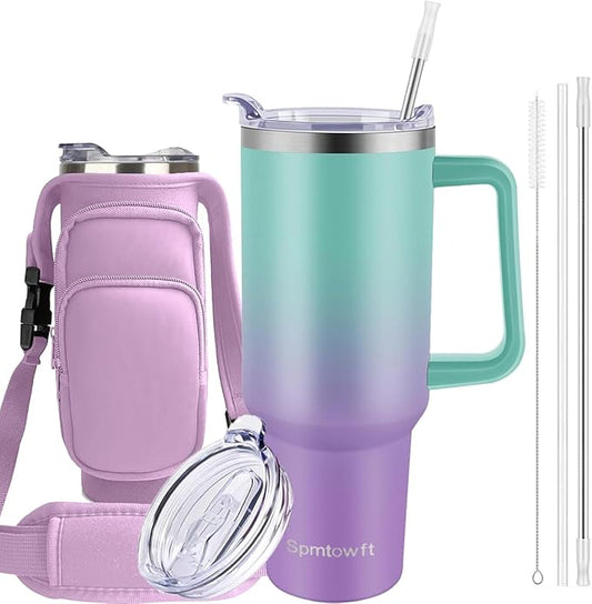 40oz Stainless Steel Double Vacuum Tumbler with Handle, Straw Lid, Carrier Bag, Purse Pouch Phone Pocket, Gym Water Bottle Travel Mug and Sleeve Holder for Men Women (Green Purple)