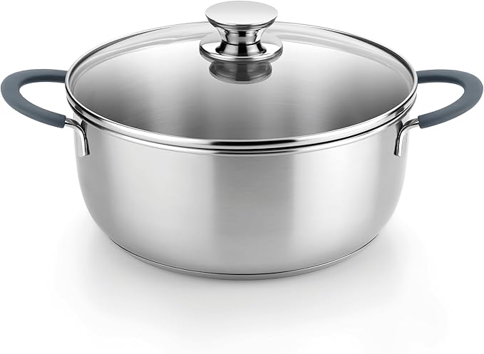 BRA COOKWARE Master Stainless Steel Stock Pot w/Glass Lid | 8 Inch 2.4 Quart Premium 18/10 Cooking Pot | PFAS Free Deep Pot | Silicone Coated Handles | All Cooktops (incl. Induction) | Shiny Finish