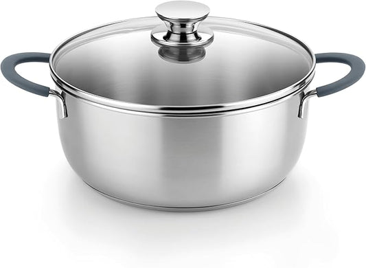 BRA COOKWARE Master Stainless Steel Stock Pot w/Glass Lid | 8 Inch 2.4 Quart Premium 18/10 Cooking Pot | PFAS Free Deep Pot | Silicone Coated Handles | All Cooktops (incl. Induction) | Shiny Finish