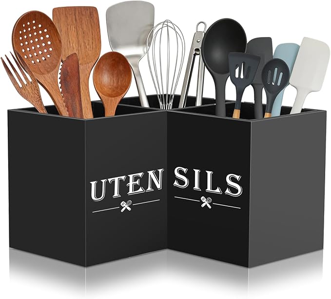 Large kitchen Utensil Holder, Wooden Utensil Organizer for Kitchen Countertop, Spatula and Spoon Cooking Holder with 3 Compartments, Black by Himake
