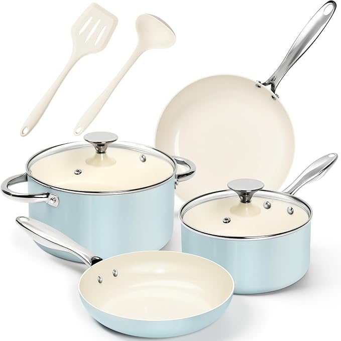 MICHELANGELO Pots and Pans Set Non Stick, 8-Piece Ti-infused Ceramic Cookware Set with Silicone Utensils - Induction Compatible, Oven Safe, PFOA-Free, Blue by Michelangelo