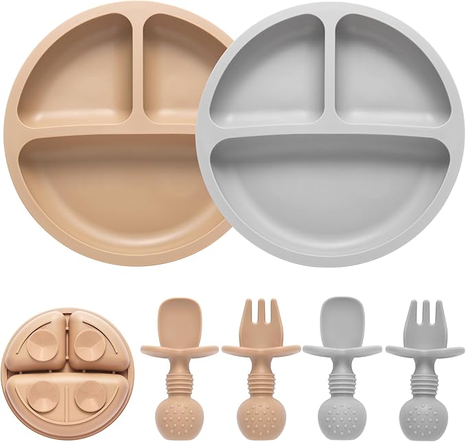 Eascrozn Silicone Baby Feeding Set, 2 Pack Divided Baby Plates with Suction, 2 Pack Spoons and Forks Set, BPA Free, Baby Led Weaning Supplies for Toddler Utensils Baby Feeding Essentials by Eascrozn
