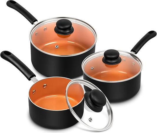 MICHELANGELO Ceramic Saucepan Set 1.5QT & 2QT & 3QT Nonstick Sauce Pans, PFAS-FREE Saucepan with Lid, Copper Saucepans Set of 3, Multipurpose Small Sauce Pot, Non Stick Sauce Pots, Dishwasher Safe by Michelangelo