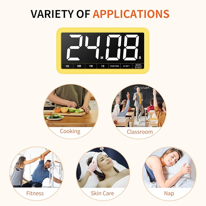 VOCOO Digital Kitchen Timer with 7.8” Extra Large Display, Magnetic, 3 Brightness, 4 Alarms and 3 Volume Levels, Battery Countdown Count Up Timer for Cooking, Classroom, Home Gym (Yellow) - Image 7