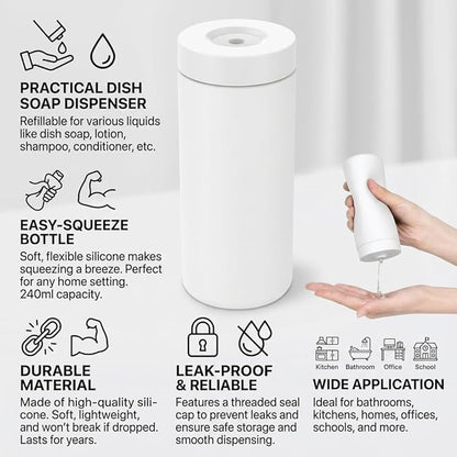 Dish Soap Dish Dispenser, 240ml Silicone Squeeze Washing Up Liquid and Hand Soap Refillable Bottles, Dishwashing Liquid Dispensing for Kitchen & Bathroom (White)