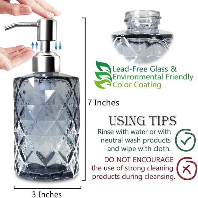 JASAI Diamond Design Glass Soap Dispenser with 304 Rust Proof Stainless Steel Soap Pump, 12 Ounce Kitchen Soap Dispenser for Bathroom, Hand Soap, Dish Soap (Grey) - Image 7