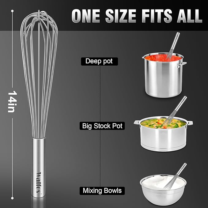 Walfos Whisk,14in Large Whisks, Heavy Duty Stainless Steel Wire Whisk for Blending, Whisking, Beating Suitable for stirring and mixing containers such as deep pots or big bowl at home or store. - Image 6